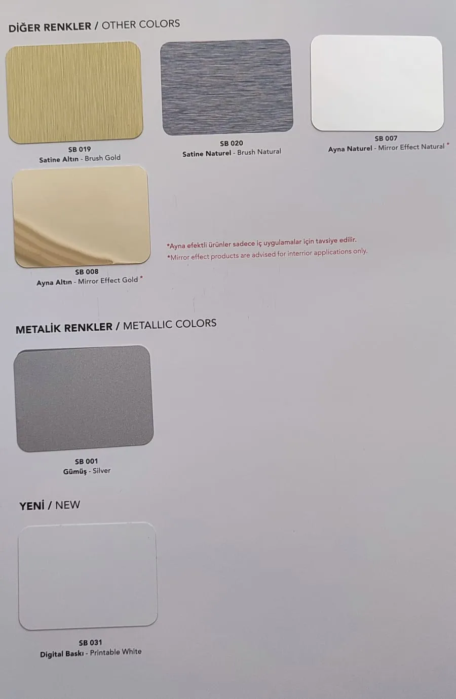 4 mm Gümüş Ayna Desenli ve Altın Ayna Desenli Alüminyum Kompozit Panel 125x320 cm